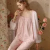 Home Clothing Women's Pajama Sets Cotton Lace Sleep Shirts Long Sleeve Pants Wear Night Dress Woman