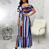 Party Dresses 2024 Luxury Designer Vacation Young Sexy Chiffon Striped Slash Neck Short Sleeve High Wasit Women Long Loose Dress