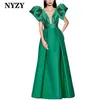 Party Dresses NYZY P151 Chic Puffy Sleeves Deep V-neck Satin Green Long Prom 2024 Formal Evening Gowns