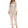 Home Clothing Spring 2 Piece Satin Pajamas Set Women's Casual Soft Loungewear Sleepwear Long Sleeve Button Down Tops And Elastic Band Pants