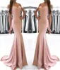 Blush Pink Off the Shoulder Prom Dresses 2019 Sexy Backless Satin Sweep Train Mermaid Formal Evening Party Dress Wear Cheap Long P8191851