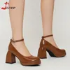 Klädskor Brown Mary Janes High Heels Chunky Platform Ankle Strap Pumpar för kvinnor Retro Round Toe Thick Heel Party Ladies