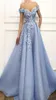 Charmantes robes de soirée bleues Aline hors des fleurs épaules Appliques Dubaï Saudi Arabe Long Pageant Robe Prom Dress7869565