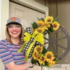 Fleurs décoratives Summer Family Wheel Sunflower Wreath Farmhouse Simulation Fleur Fleur Disc en bois Porte suspendue Petite extérieur