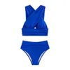 Kvinnors badkläder Cikini-Criss Cross Ruched High Maisted Bikinis Set for Women Two-Piece Beach Sexig baddräktbaddräkt