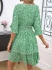 vneck 여자 봄 여름 짧은 슬리브 하이 허리 치카 드레스 패션 플로럴 주름 길이 240329