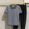 Olgun Işık Tarzı Çizgili Polo Gömlek Erkekler Yaz İnce Yakası Kısa Kollu Tişört İş ve Boş Zaman Giyim Trendi