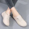 Casual Shoes Women 2024 Lace-Up British Style Simple Cowhide Leather Ballet Flat White