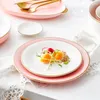 Plakalar Moda Nordic Bone China Set Beyaz Yemek Takımı Mutfak Tatlı Yemek Altın Kenar Sofra Takım Porselen Pembe