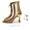 Dansskor 2024 Dileechi Latin Boots Gold Pu Mesh 9cm Cuban High Heel Indoor Soft Sole