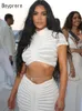 Beyprern Kim Kardashians Sheer White Knit Twopiece Dress Elegant Seethrough Sweater Crop Top och kjol Set Festival Outfits 240402