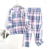 Home Clothing Cotton Flannel Long Pants Pajamas For Women Sleepwear Plaid Nightwear Female Sleeve Trouser Pijama Suits Pjs With Pockets