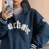 Bomber con zip up giacca navy blu nero a strisce Ulzzan coreana retrò vintage