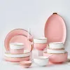 Plakalar Moda Nordic Bone China Set Beyaz Yemek Takımı Mutfak Tatlı Yemek Altın Kenar Sofra Takım Porselen Pembe