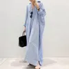 Casual Dresses Maxi Dress Striped Print Lapel For Women Plus Size Long Sleeve Shirt With Split Hem Soft Breathable Spring Lady