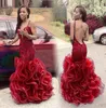 Sexy backless prom -jurken zeemeermin ruches flouncing 2016 kanten feestjurken spaghetti banden kralen avondjurken7284419