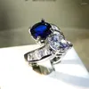 Cluster Rings 925 Silver Bright Light Luxury Advanced Sense Blue Gemstone Square For Women Adjustable Engagement Charm Jewelry