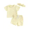 Kläduppsättningar småbarn baby flickor avslappnad sommardräkt kort ärm t-shirt elastisk midja shorts hårband 3 st söta kläder set