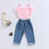 Girls Summer Clothing Outfit Sets Fashion Kid Children Pink Mouweless Feather Camisole denim broek met zakken 240326