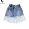 Summer Kids Girls Fashion kjolar Mesh Patchwork Daisy Button denim kjol med fickor flickor barn casual kläder 240325