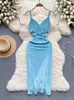 Vestidos casuales Singreiny Silk Blue Silk Long Store Strap Split Split Split Elegant Fashion 2024 Ladies Slim Sexy