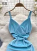 Vestidos casuales Singreiny Silk Blue Silk Long Store Strap Split Split Split Elegant Fashion 2024 Ladies Slim Sexy