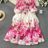 Floral series dress 2024 new high-end printed slim fit long French style bubble sleeve temperament dress