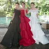 Dresses Offtheshoulder Evening Dresses With Beaded Lace Appliques Short Sleeves Black Prom Dress with Layered Skirt Ball Gowns