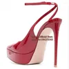 Kleiderschuhe Frauen Pointy Toe Stiletto Ferse Slingback Plattform Pumps Red Patent Leder -Knöchelgurt präzise Dame