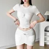 Cross Border European and American Style 2024 Amazon Spring/summer New Solid Color Sexy Short Sleeved Round Neck Pleated Exposed Navel T-shirt for Women