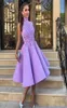 2019 Light Purple High Neck Sleeveless Tea Length Cocktail Party Dresses A Line Satin Lace Applique Prom graduation Homecoming sho1194725