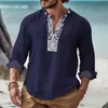 Oldyanup męska bawełniana koszulka lniana solidna długie rękawowe druk w klatce piersiowej blaty sprężynowe jesień mody mody swobodne koszule dla mężczyzn 240327