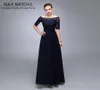 Real Picture Navy Blue Evening Dresses 2016 Half Sleeve Pärled Chiffon Formal Mother of the Bride Groom Dresse Appliqued Lace Form2352300