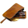 Çantalar gerçek deri fermuarlı kalem kasa yaratıcı 4 yuva kalem kasa çıkarılabilir kalem tepsisi tutucu kalem kutusu ofis okul malzemeleri torbası