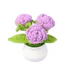 Flores decorativas de malha de rosa Flor de rosa Home Office Realistic em vasos de plantas decoração para crochê artesanal floral