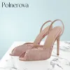 Sandaler Pink Mesh Peep Toe Sandaler Slipon Stiletto Summer Shoes Sweet Fashion Style High Heels For Women Designer Rhinestone Sandaler