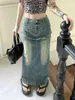 Skirts Slergiri Vintage Back Split Washed Denim Skirt Women Y2k Streetwear High Waisted Straight Ladies Bodycon Jean Maxi Long
