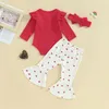 Kledingsets geboren baby meisje herfst winterkleding ruches ruches lange mouw romper hart flare broek hoofdband set mijn 1e valentijn