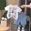 Roupas conjuntos de roupas de menino vestuário de verão 2024 desenhos animados coreanos de colarinho curto de colarinho de colarinho curto