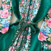 Lässige Kleider elegante Rosenblumenurlaubsrobe Frauen Frühlingssommer -Sommerständer langer Laternenhülle Schleiben Vestidos florale Druckkleidung