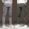 Autumn Mens Cotton Stretch Casual Pants Classic Slim Straight Fashion Korean Elastic Waist Cargo Trousers Black Gray Green 240326