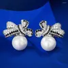 Stud Earrings SpringLady Elegant 925 Sterling Silver 10MM Pearl High Carbon Diamond Gems Bowknot For Women Jewelry