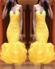 Yellow Sweetheart kurze Abschlussballkleider Spitzen Applikationen Organza Rüschen Meerjungfrau Abendkleider Tee Länge Cocktail Party Kleid billig3446856
