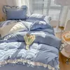 寝具セットミスディアウォッシュコットンセットroupa de cama laceフリルベッドシートは、女の子と青いベッドクロス用の枕カバー付きベッドシート