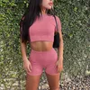 Active Sets Women's Seamless Yoga Outfits Fashion 2 Piece Set Workout Gym Shorts Short Sleeve Crop Top High-Waisted Sports Se