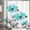 Cortinas de chuveiro Decoração exclusiva de banheiro cortina floral Teal e Daisy Flowers Grey Flores elegantes Art Farmhouse Design de Flor Wilding Hanging