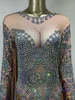 파티 드레스 여성 반짝이는 크리스탈 다이아몬드 술 장거리 슬리브 점프 슈트 바 나이트 클럽 무대 공연 의상을위한 여성 가수