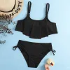 Swimwear Solid Black Flounce Girl Swimsuit Kids Two Piect Children's Swimwear Tie Side Bikini Set 714 ans Girls Bathing Fssuidwear Beachwear