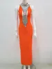 Casual Dresses Luxury Women Celebrity Sexy Key Hole Beading Orange Maxi Long Bodycon Bandage Dress Elegant Evening Club Party