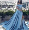 Sky Blue Muslim Evening Dresses Aline Cap ärmar slits Sexig formell islamisk Dubai Kaftan Saudi Arabic Long Evening Gown6278385